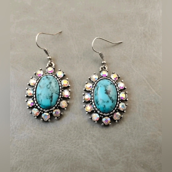 Turquoise and Silver Crystal Drop Earrings - Picture 2 of 6
